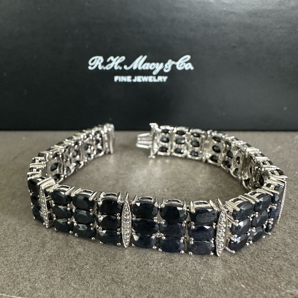 Stunning Vintage Macys Sterling Silver 3 Row Sapphire Tennis Bracelet
